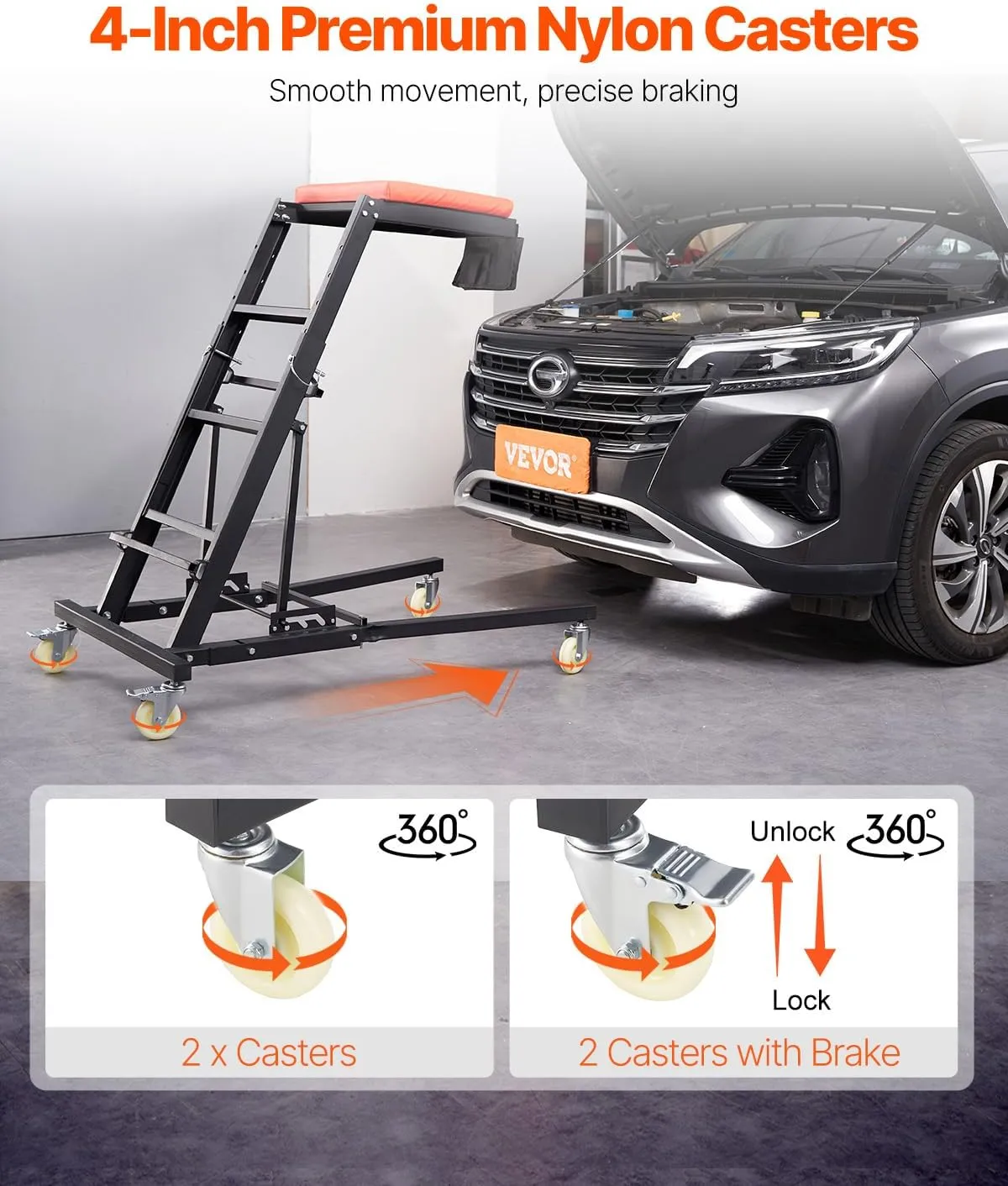 VEVOR Automotive Topside Creeper, 400 LBS Capacity High Creeper with 48" to 76" Adjustable Height, 4 Swivel Caster Wheels, Heavy Duty Automotive Engine Creeper, Ideal for Auto Repair and Maintenance