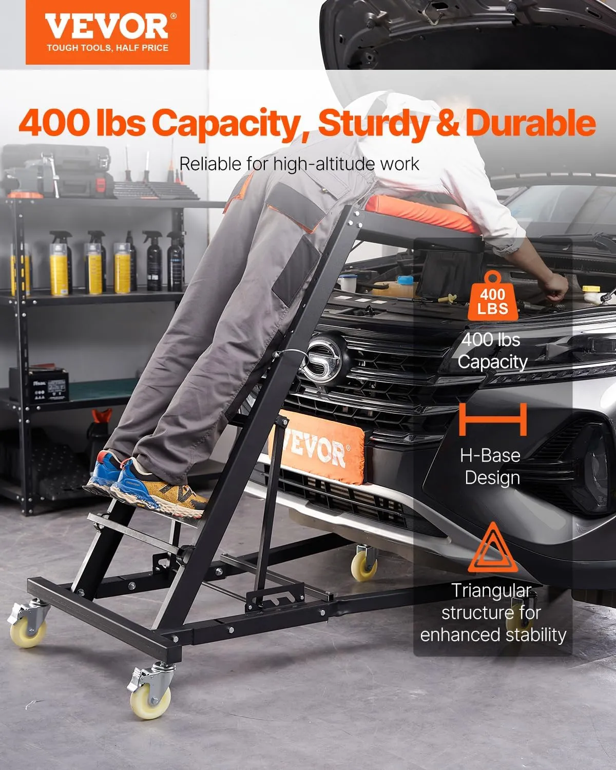 VEVOR Automotive Topside Creeper, 400 LBS Capacity High Creeper with 48" to 76" Adjustable Height, 4 Swivel Caster Wheels, Heavy Duty Automotive Engine Creeper, Ideal for Auto Repair and Maintenance