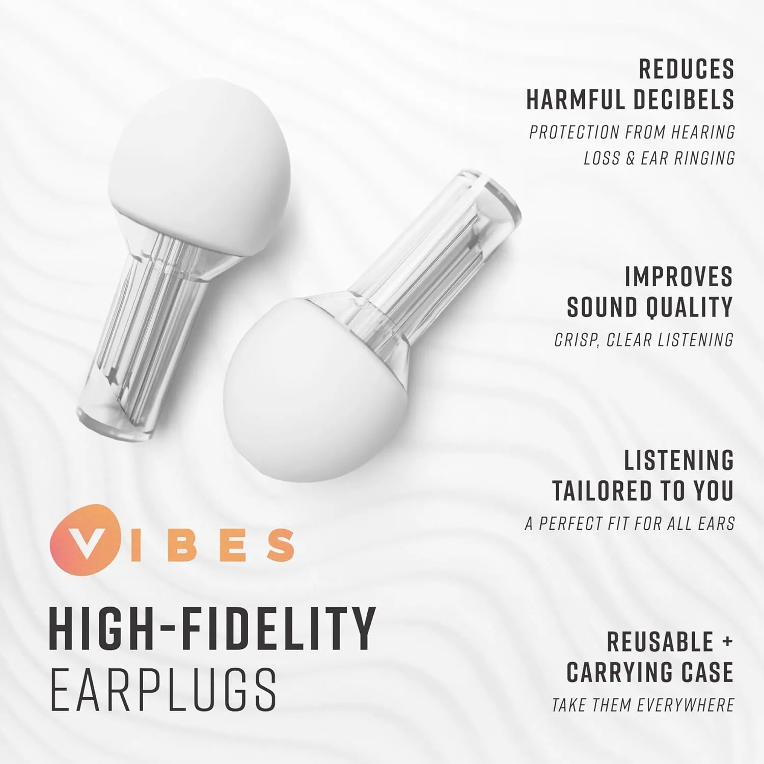 VIBES High Fidelity Concert Ear Plugs - Reusable Noise Reduction Earplugs for Loud Music, Musicians, Raves, Noise Sensitivity, Motorcycles, Airplanes, and Work - Clear