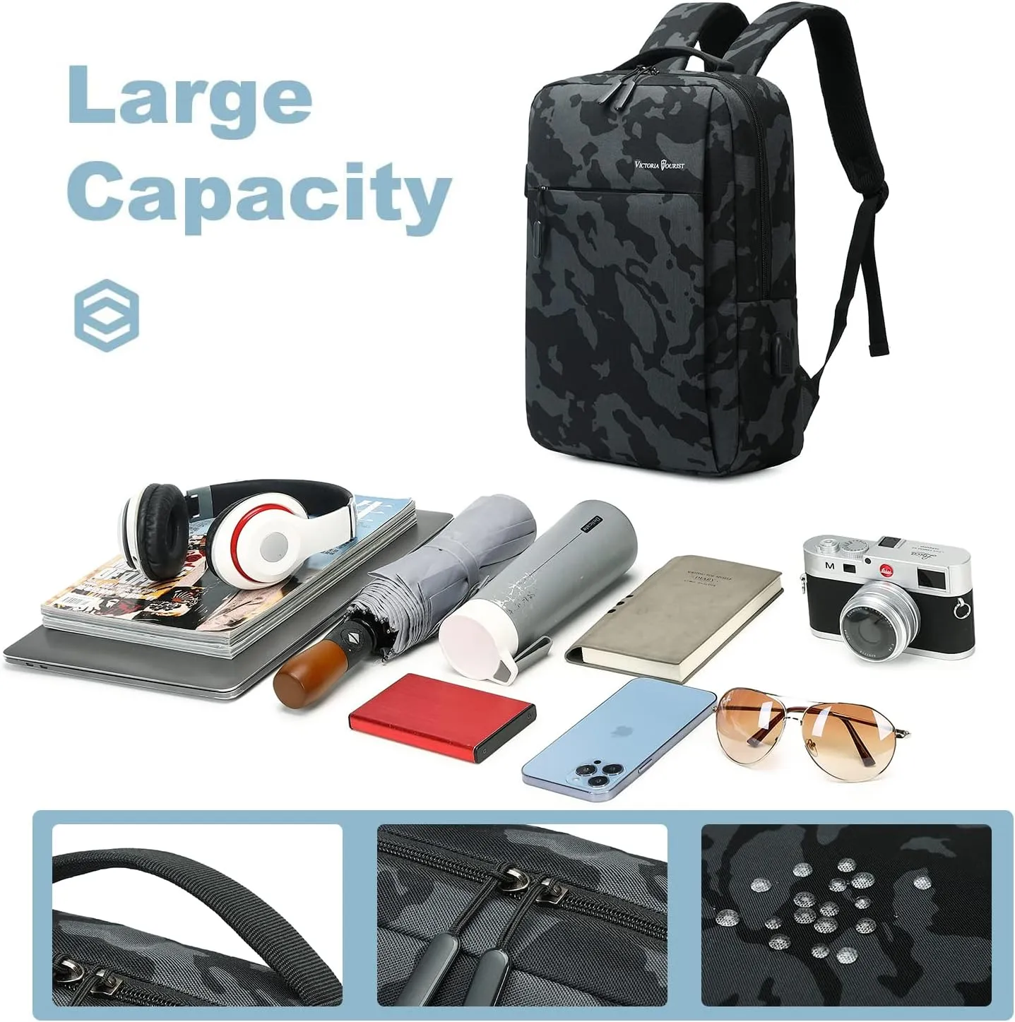 Victoriatourist Camo Backpack, Camouflage Travel Laptop Backpack, Lightweight Durable Laptop Bag with Charging Port Fashion Daypack for Men and Women Fit 15.6 Inch Laptop & Computer（Camo Blue）