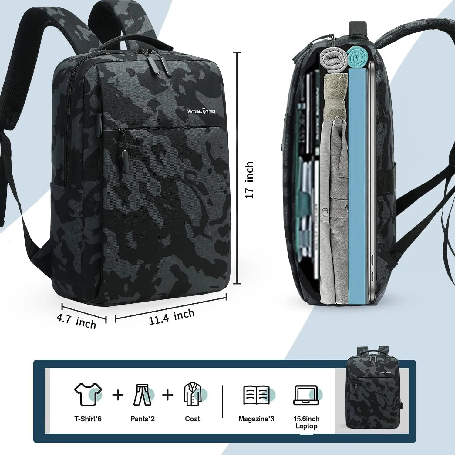 Victoriatourist Camo Backpack, Camouflage Travel Laptop Backpack, Lightweight Durable Laptop Bag with Charging Port Fashion Daypack for Men and Women Fit 15.6 Inch Laptop & Computer（Camo Blue）