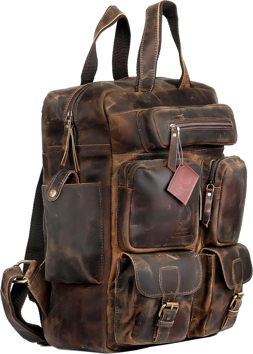 Vintage Buffalo Leather Backpack Multi Pockets Travel Bag for Men/Women
