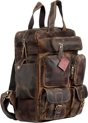 Vintage Buffalo Leather Backpack Multi Pockets Travel Bag for Men/Women