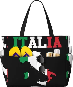Vintage Italy Italia Italian Flag Tote Bag With 8 Storage Pockets Top Zip Shoulder Bag Handbag For Travel Work Women