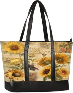 Vintage Poster Sunflower Butterfly Laptop Tote Bag for Women Lightweight Work Purse with Multiple Compartments Fits 13-15.6 Inch Laptop Tablet Shoulder Bag for Office Travel Daily Use