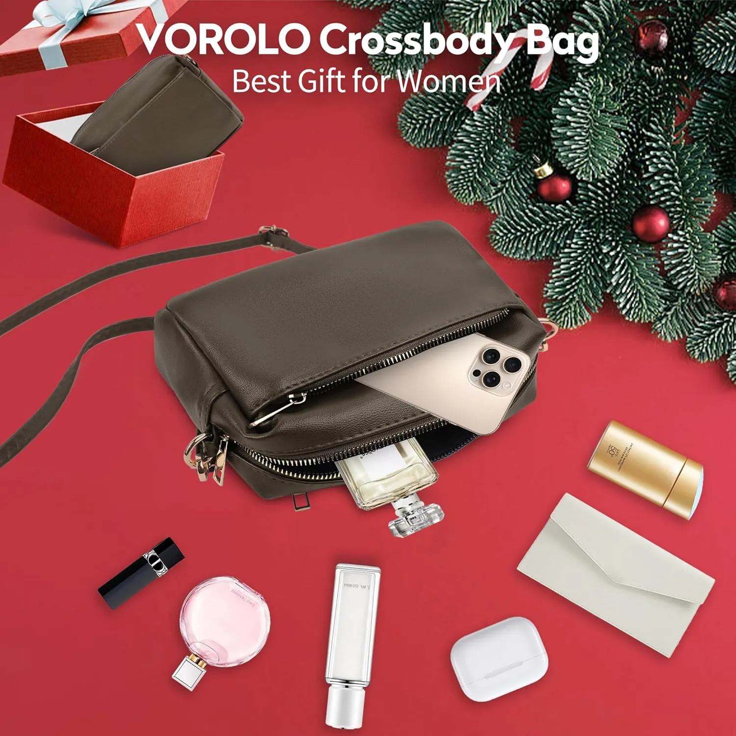 VOROLO Triple Zip Small Leather with Ajustable Strap for Women