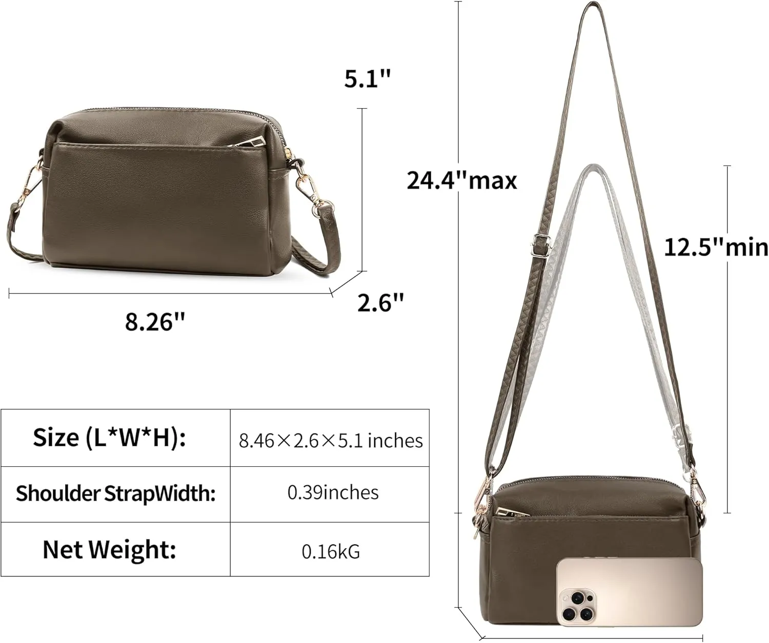 VOROLO Triple Zip Small Leather with Ajustable Strap for Women
