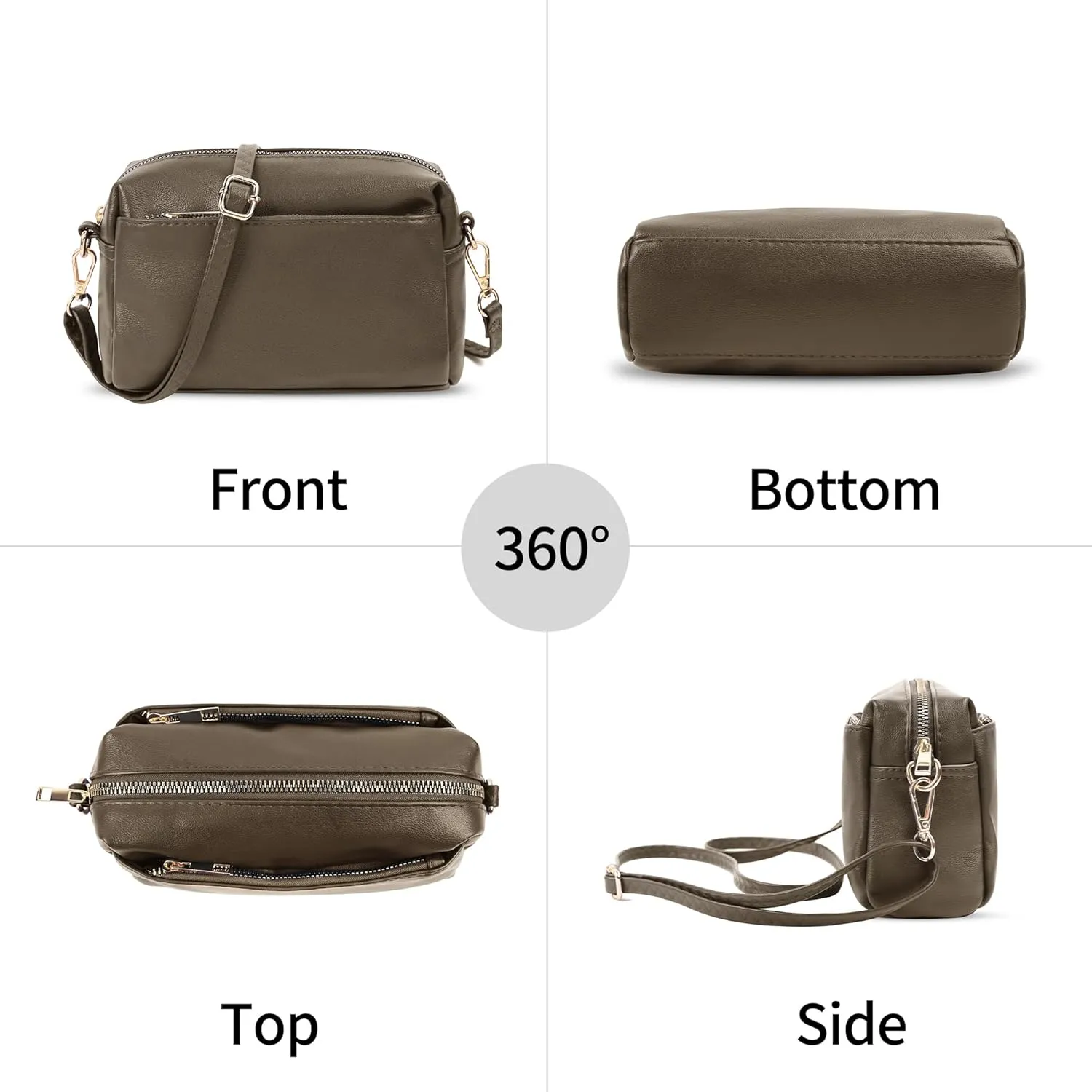 VOROLO Triple Zip Small Leather with Ajustable Strap for Women