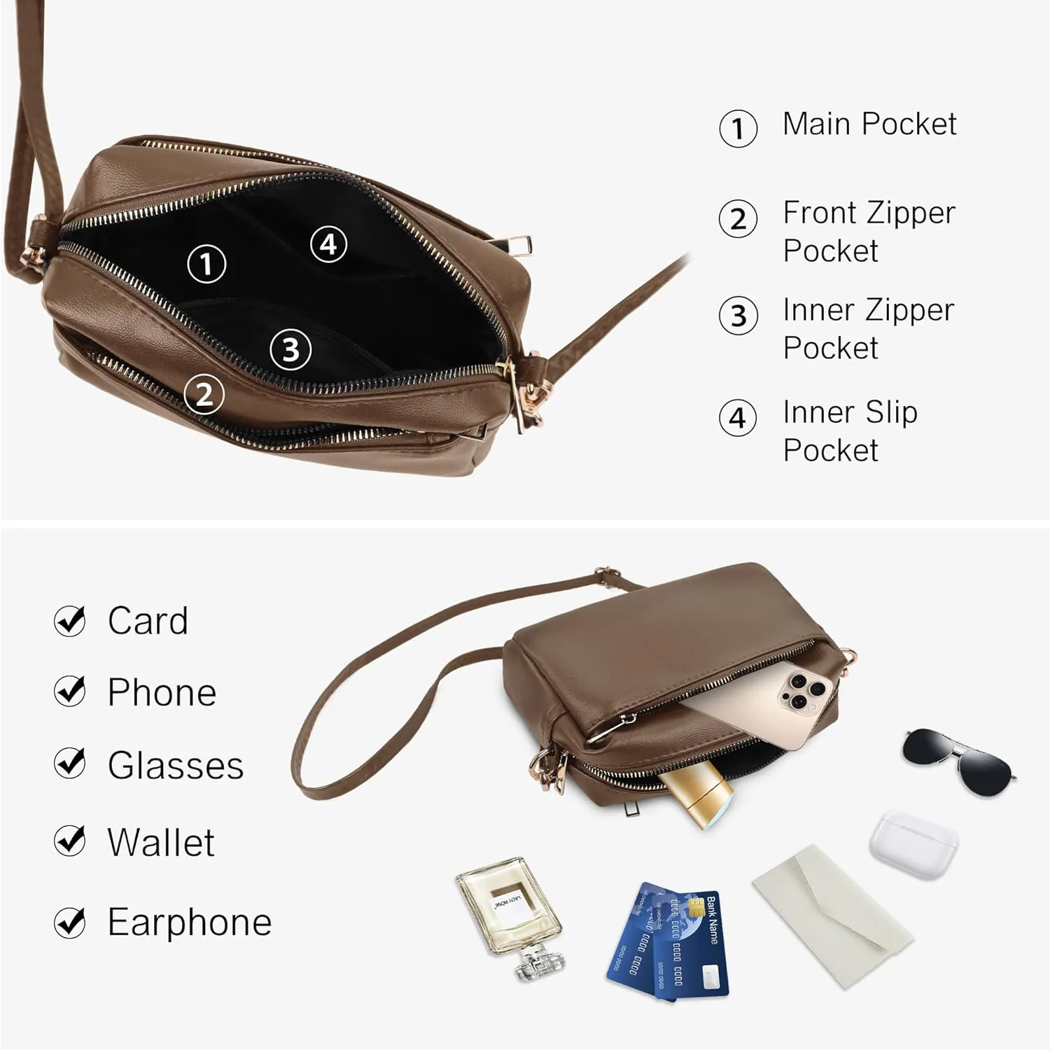 VOROLO Triple Zip Small Leather with Ajustable Strap for Women