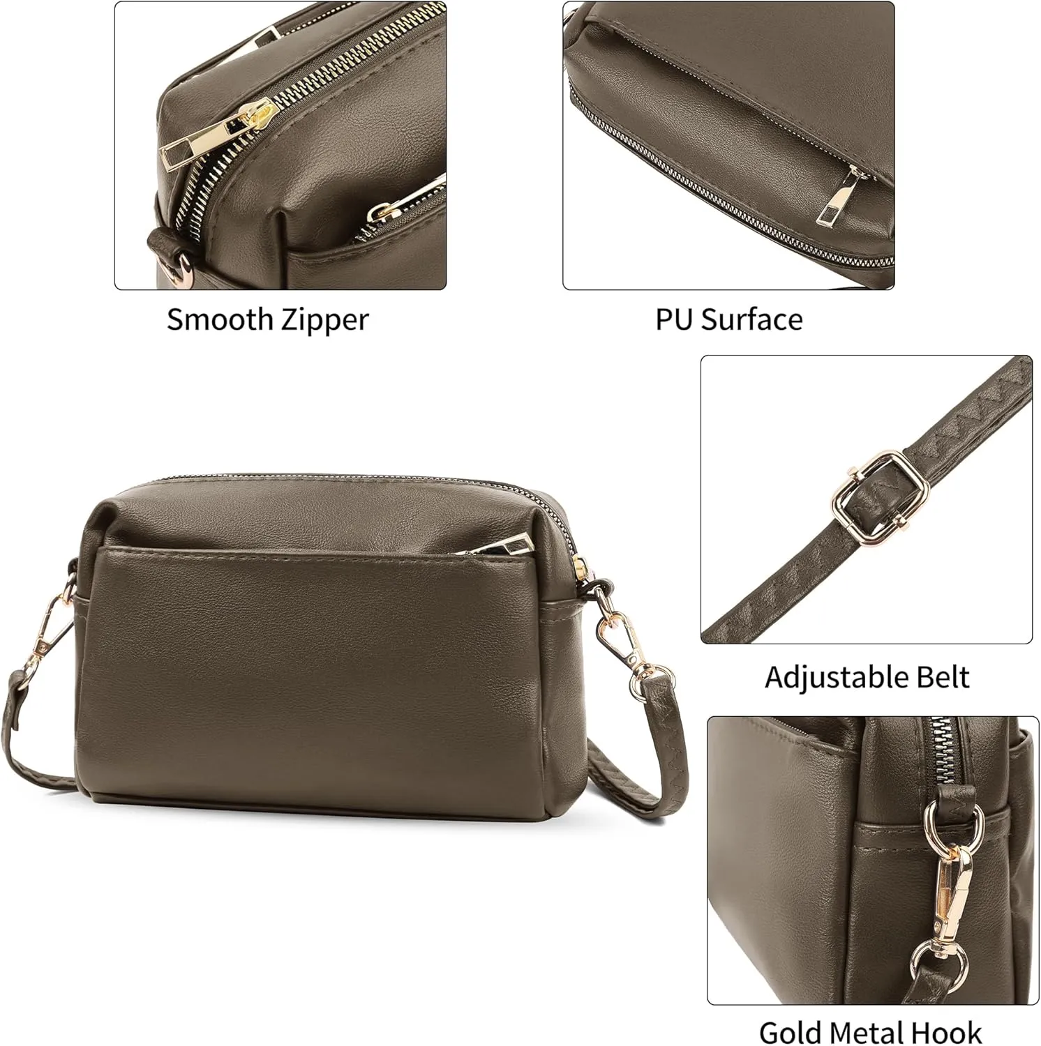 VOROLO Triple Zip Small Leather with Ajustable Strap for Women