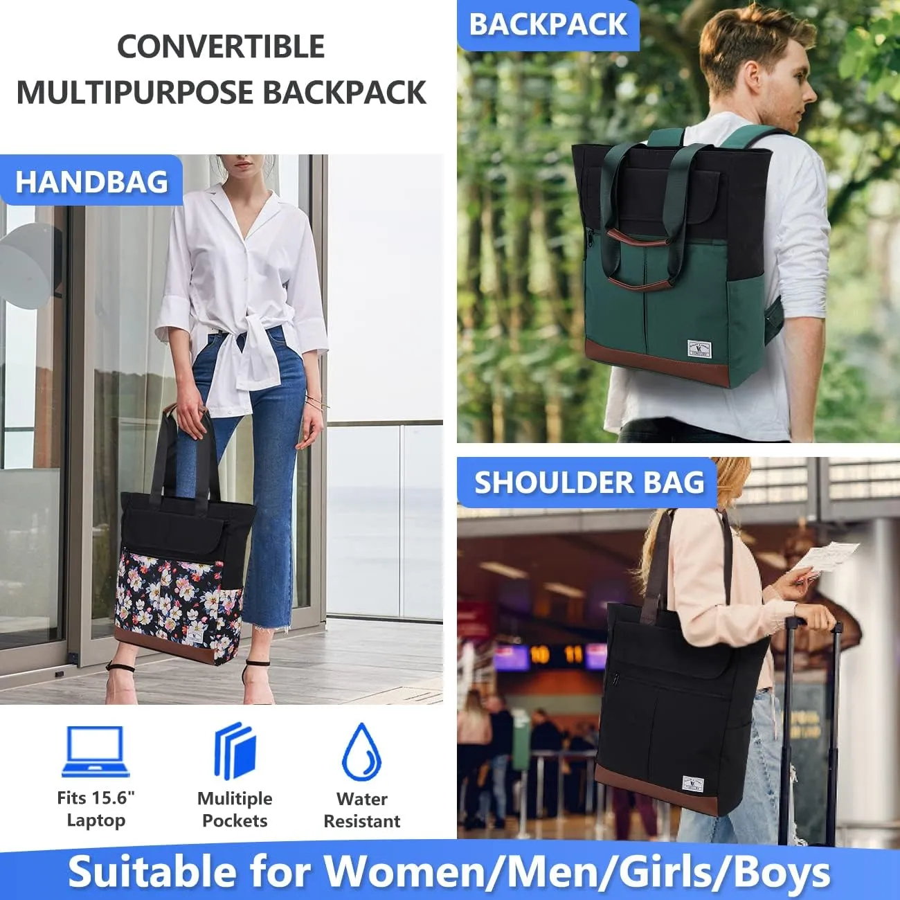 VX VONXURY Backpack for Women, 15.6 Inch Laptop Bag Water Resistant Convertible Backpack Purse for Work Travel (Black-15Inch)