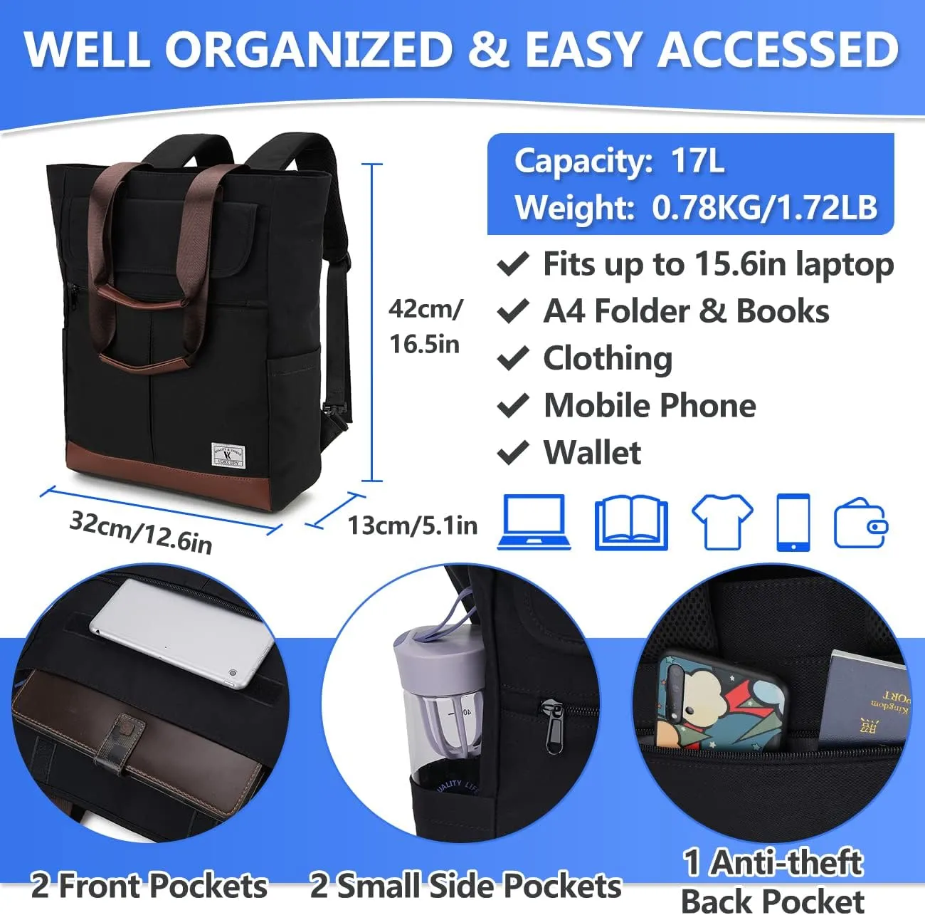 VX VONXURY Backpack for Women, 15.6 Inch Laptop Bag Water Resistant Convertible Backpack Purse for Work Travel (Black-15Inch)
