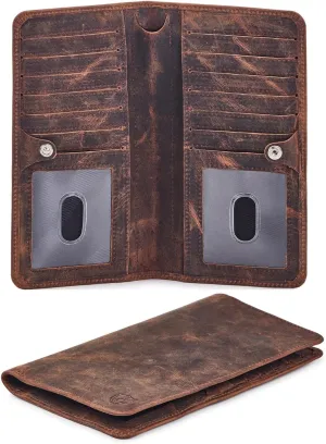Wallet for Men Women Real Leather Long Bifold RFID Blocking Slim Stylish Credit Card Case Pen Holder with 2 ID Windows in Gift Box (Crazy Horse, Cognac)