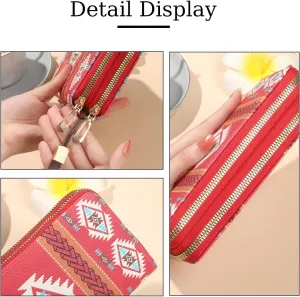 Wallet Purse for Women, Boho-Inspired Wristlet Wallet with Credit Card Holder（Red）