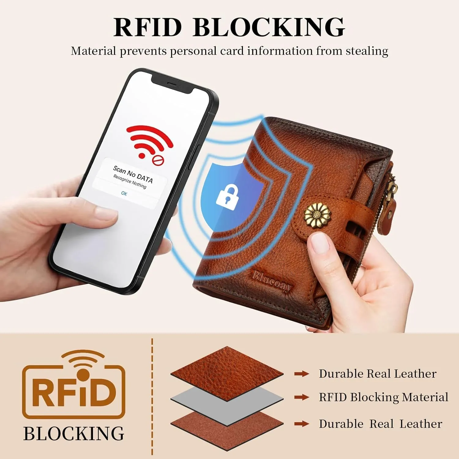 Wallet Women,RFID Blocking Leather Womens Wallet Bifold Compact Card Holder Small Wallet for Women with Removable ID Window Brown