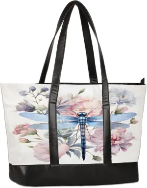 Watercolour Flower Dragonfly Laptop Tote Bag for Women Lightweight Work Purse with Multiple Compartments Fits 13-15.6 Inch Laptop Tablet Shoulder Bag for Office Travel Daily Use