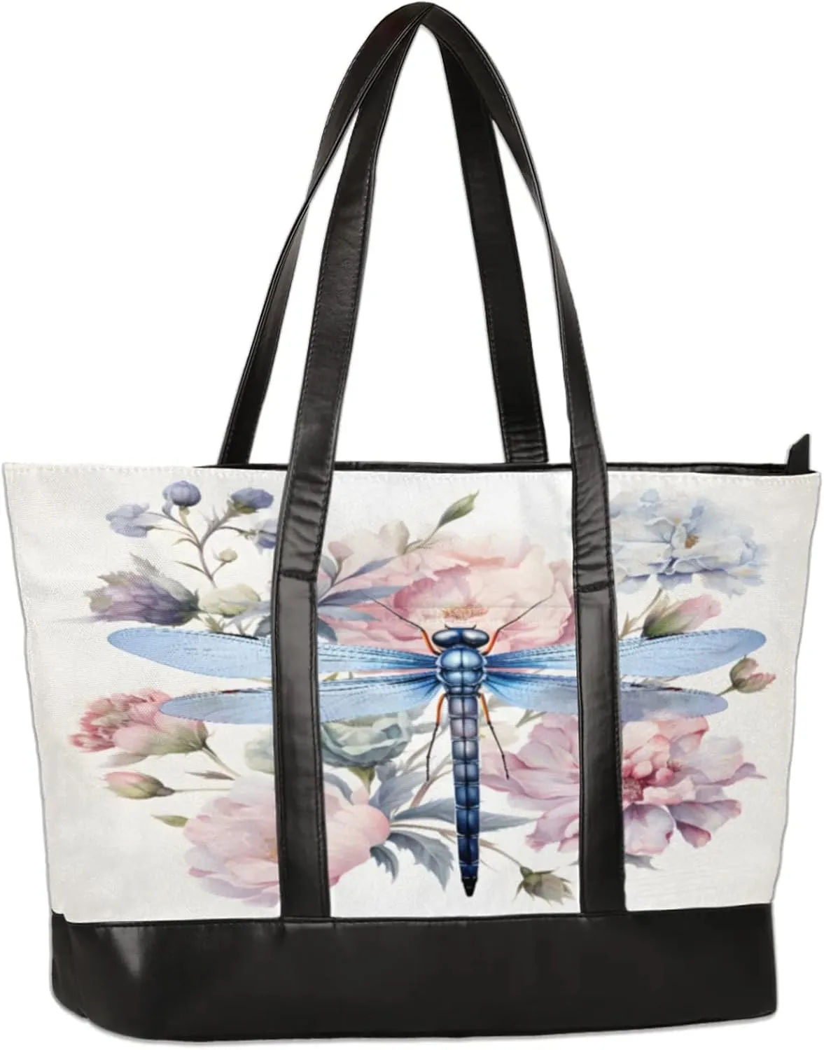 Watercolour Flower Dragonfly Laptop Tote Bag for Women Lightweight Work Purse with Multiple Compartments Fits 13-15.6 Inch Laptop Tablet Shoulder Bag for Office Travel Daily Use