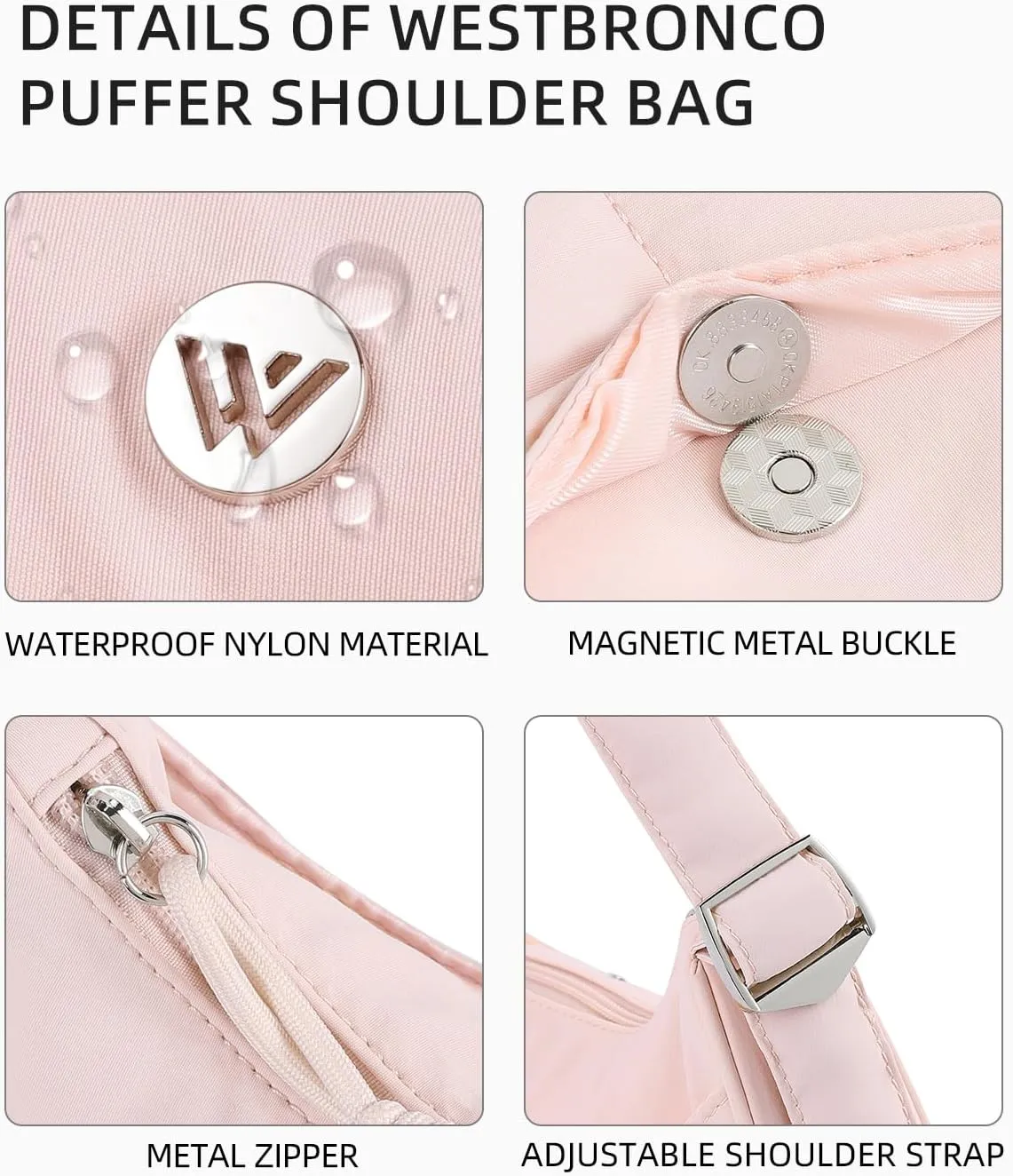 WESTBRONCO Puffer Crescent Shoulder Bags for Women Puffy Quilted Handbags, Nylon Shoulder Purse with Adjustable Strap