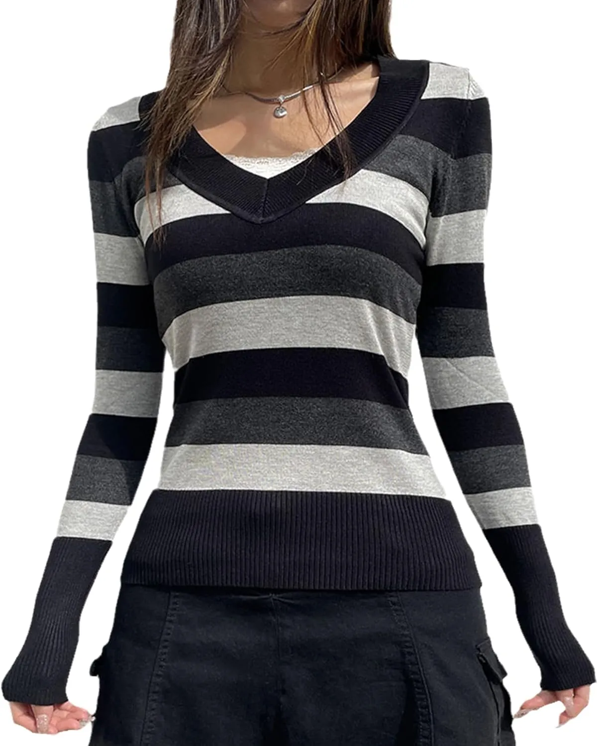 Winter 90s Grunge Aesthetic Streetwear Sweater Retro Y2k Vintage Gothic Loose Women Knit Pullover Striped Jumper