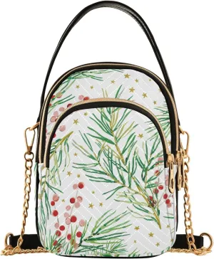 Winter Christmas Pine Twigs Small Crossbody Bag Quilted Handbags for Women Chain Shoulder Bag