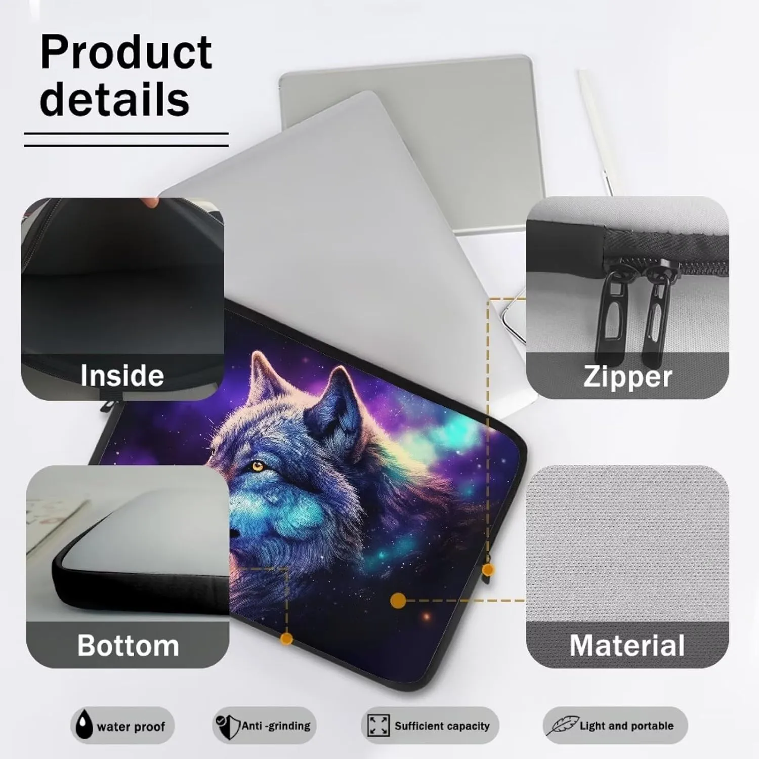 Wolf Printed Laptop Briefcase for Women Men, Waterproof Laptop Case Bag Laptop Case for 12 Inch, Lightweight Computer Carrying Cover with Zipper for Office Business Traveling