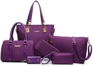 Women 6Pcs Handbag Set Nylon Top Handle Bag Totes Satchels Crossbody Shoulder Bags and Purse Clutch Black