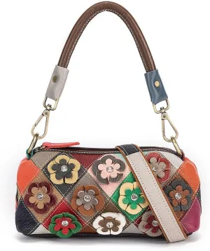 Women Colorful 3D Floral Shoulder Bag Genuine Leather Random Multicolour Patchwork Handbag Shopper Crossbody Satchels