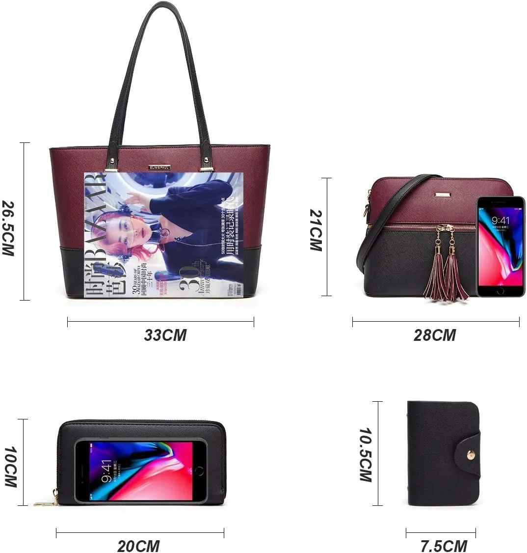 Women Fashion Handbags Wallet Tote Bag Shoulder Bag Top Handle Satchel Purse Set 4pcs