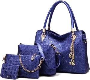 Women Fashion Synthetic Leather Handbags Tote Bag Shoulder Bag Top Handle Satchel Purse with Pendant Set 4pcs