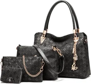 Women Fashion Synthetic Leather Handbags Tote Bag Shoulder Bag Top Handle Satchel Purse with Pendant Set 4pcs