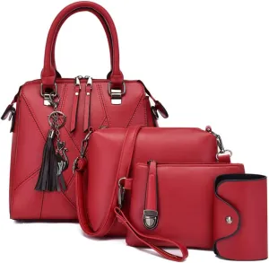 Women Handbags Purses Set 4pcs Leather Shoulder Top Handle Satchels with Pendant