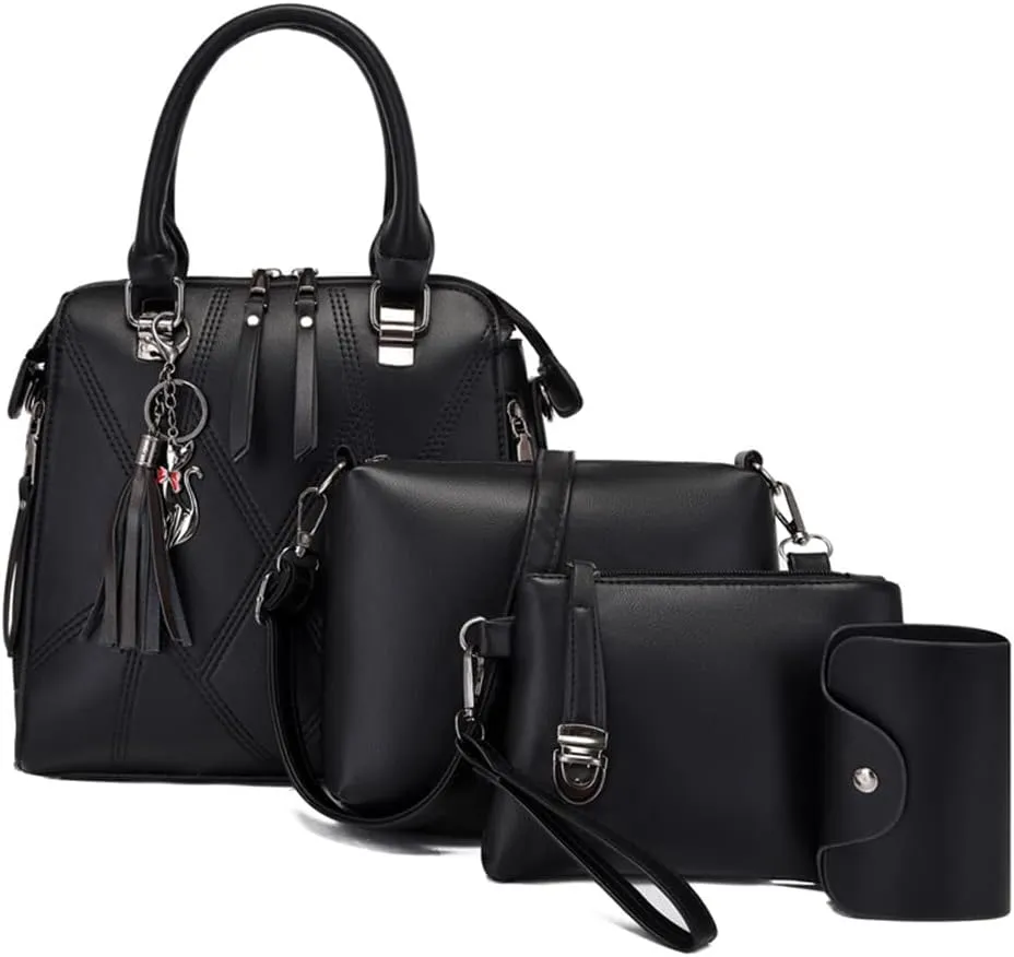Women Handbags Purses Set 4pcs Leather Shoulder Top Handle Satchels with Pendant