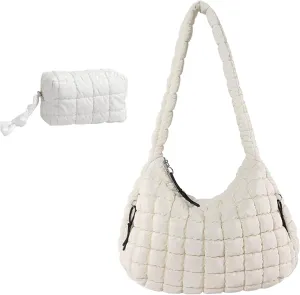 Women Large Quilted Tote Bag Lightweight Quilted Carryall GYM Bag Soft Puffy Crossbody Bag Hobo Handbags Wallet (Beige)
