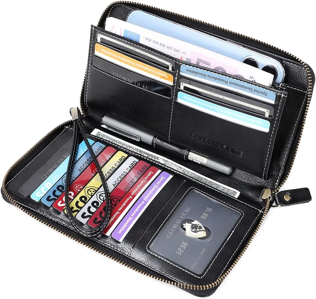 Women Leather Wallet Crossbody Shoulder Bag with Double Zipper and Mobile Phone Purse with Shoulder Strap