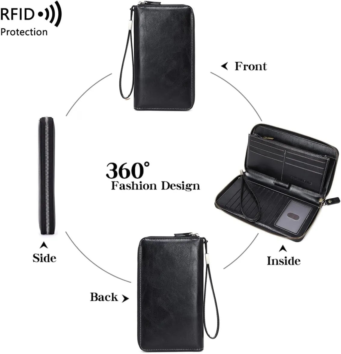 Women Leather Wallet Crossbody Shoulder Bag with Double Zipper and Mobile Phone Purse with Shoulder Strap