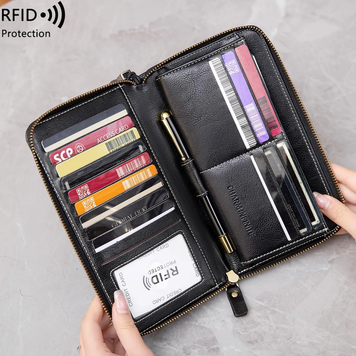 Women Leather Wallet Crossbody Shoulder Bag with Double Zipper and Mobile Phone Purse with Shoulder Strap