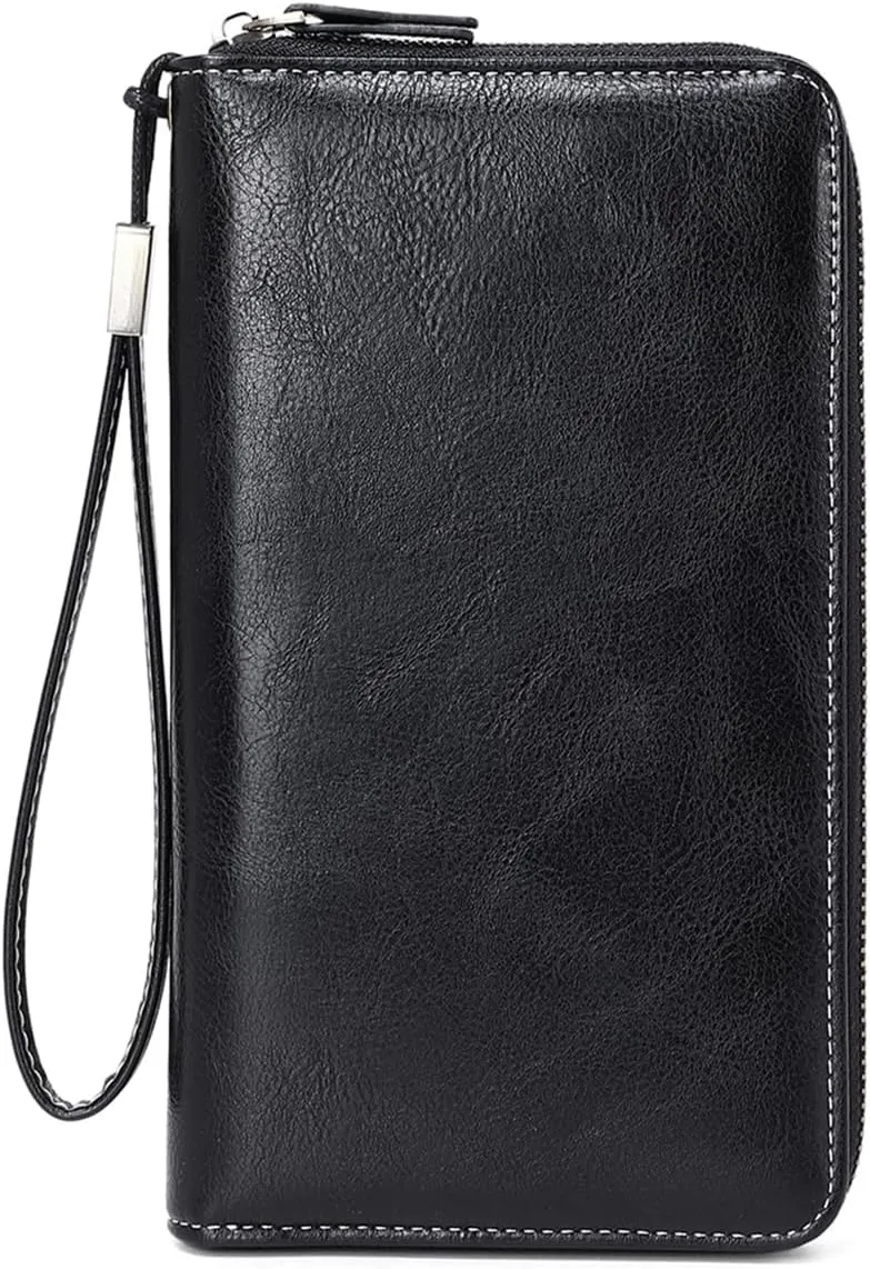 Women Leather Wallet Crossbody Shoulder Bag with Double Zipper and Mobile Phone Purse with Shoulder Strap