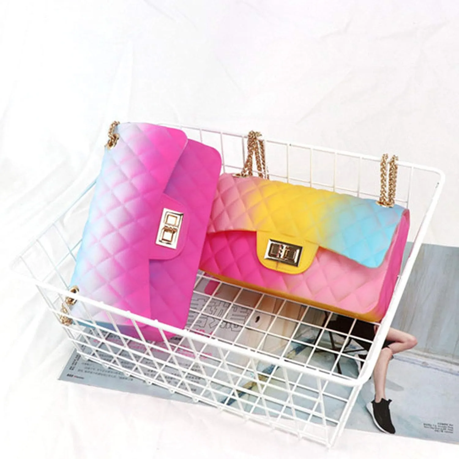 Women Rainbow Handbags Jelly Purse Candy Color Quilted Crossbody Shoulder Bag