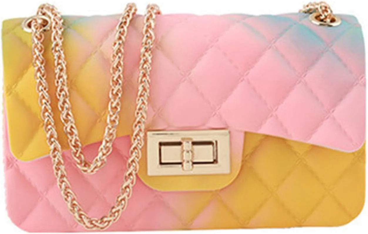 Women Rainbow Handbags Jelly Purse Candy Color Quilted Crossbody Shoulder Bag