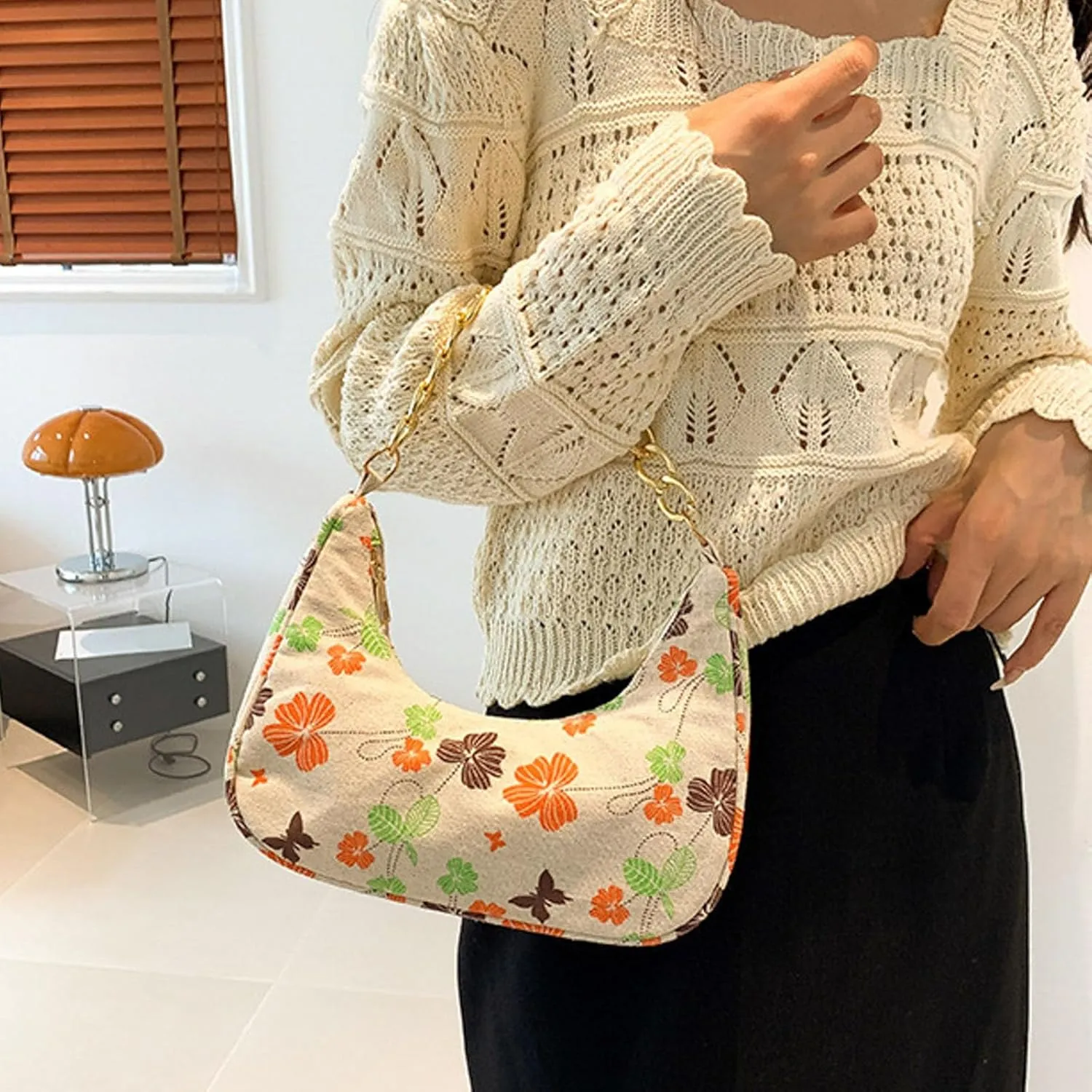 Women Shoulder Bag Fashionable New Pattern Flower Print Cute Daily Zipper Handbag Shoulder Tote Bag (Orange, One Size)