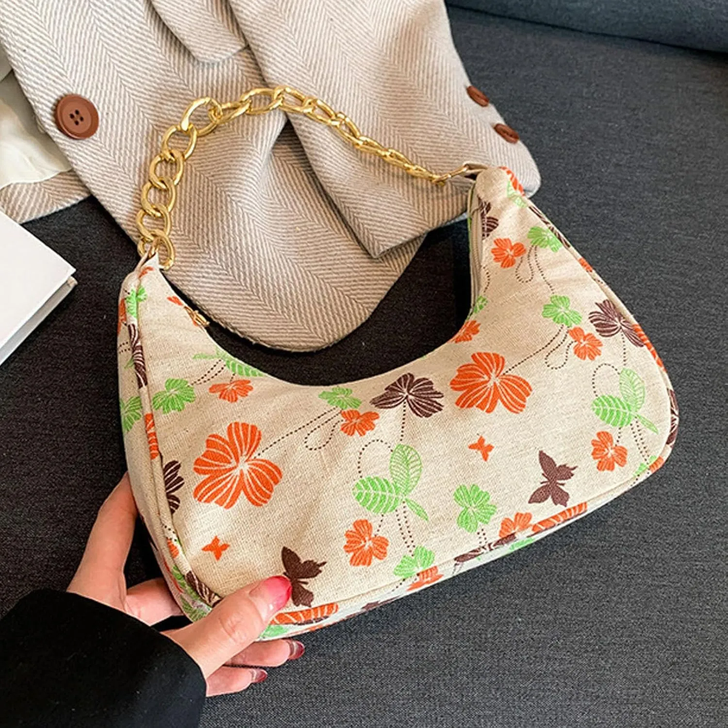 Women Shoulder Bag Fashionable New Pattern Flower Print Cute Daily Zipper Handbag Shoulder Tote Bag (Orange, One Size)