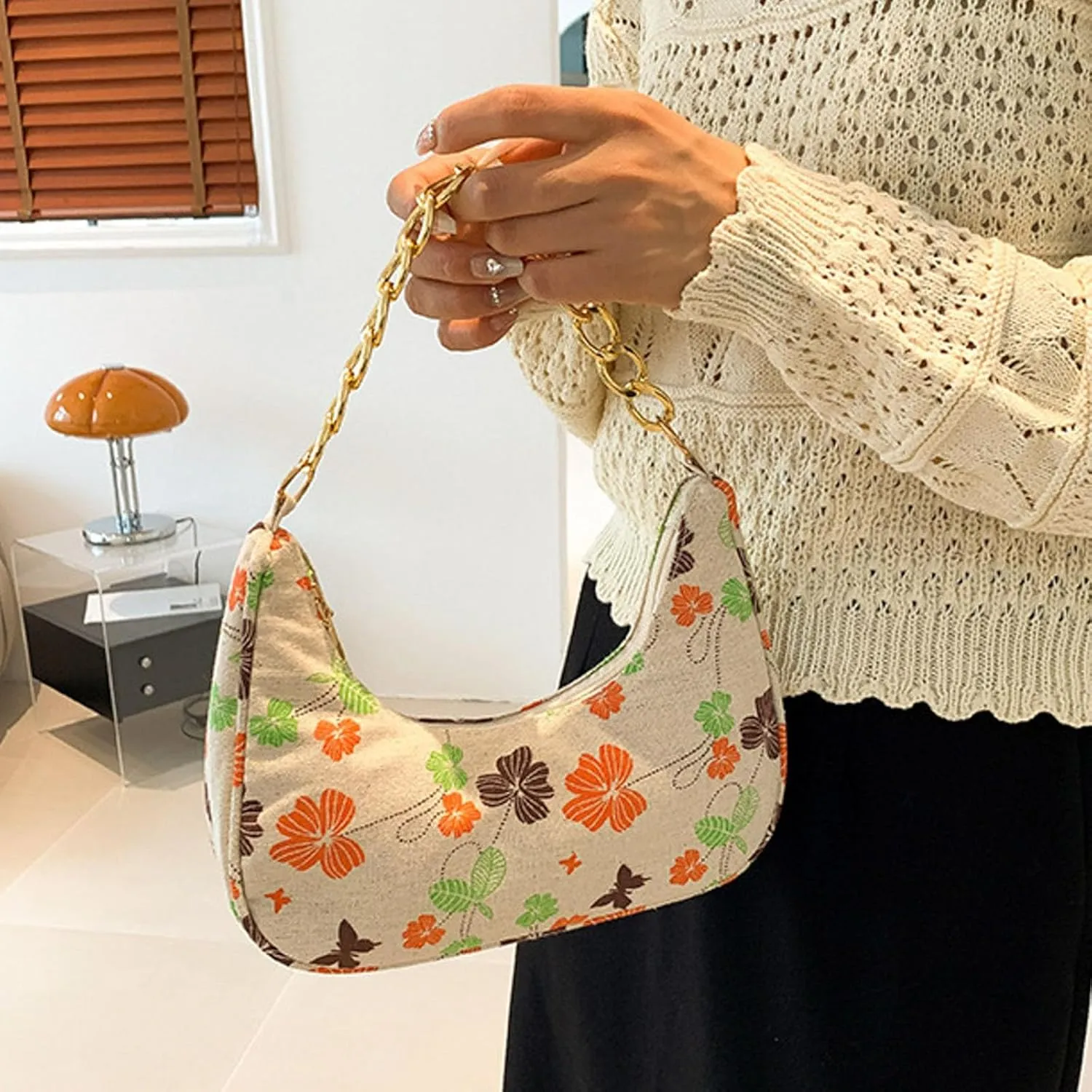 Women Shoulder Bag Fashionable New Pattern Flower Print Cute Daily Zipper Handbag Shoulder Tote Bag (Orange, One Size)