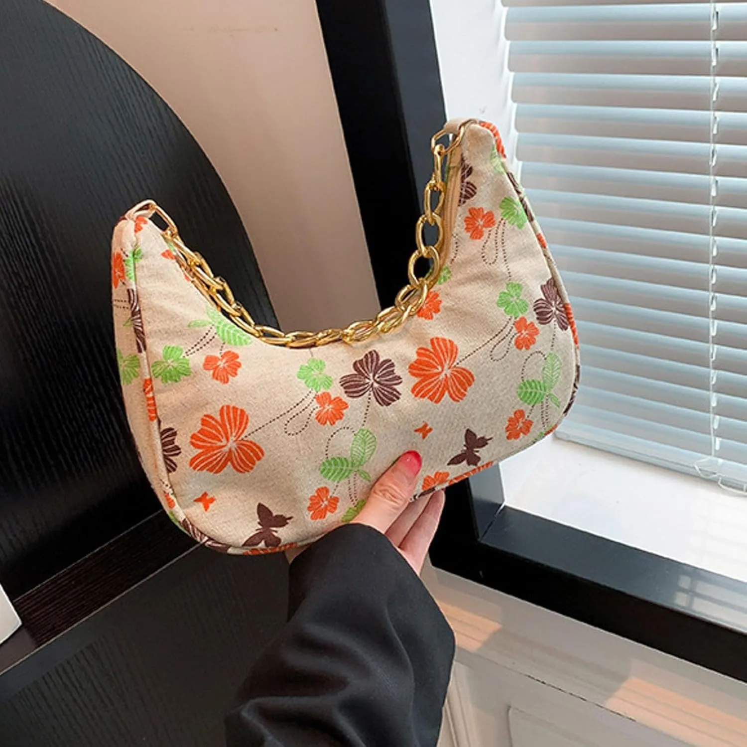 Women Shoulder Bag Fashionable New Pattern Flower Print Cute Daily Zipper Handbag Shoulder Tote Bag (Orange, One Size)