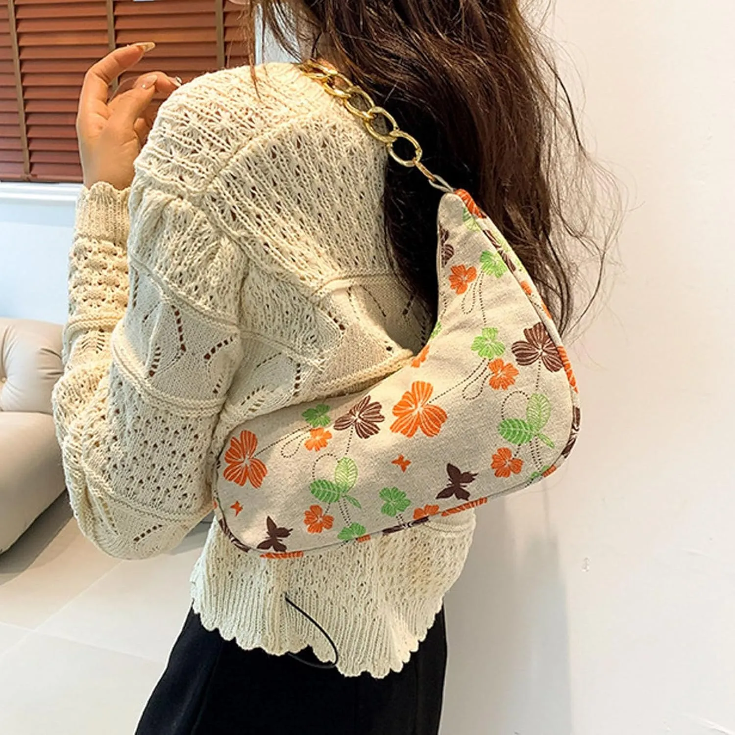 Women Shoulder Bag Fashionable New Pattern Flower Print Cute Daily Zipper Handbag Shoulder Tote Bag (Orange, One Size)