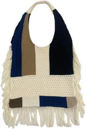 Women Spliced Woven Shoulder Bag Purse Knitted Woolen Yarn Hollowed Out Small Hole Handbag