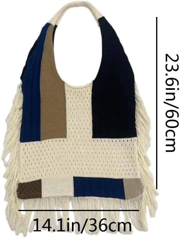 Women Spliced Woven Shoulder Bag Purse Knitted Woolen Yarn Hollowed Out Small Hole Handbag