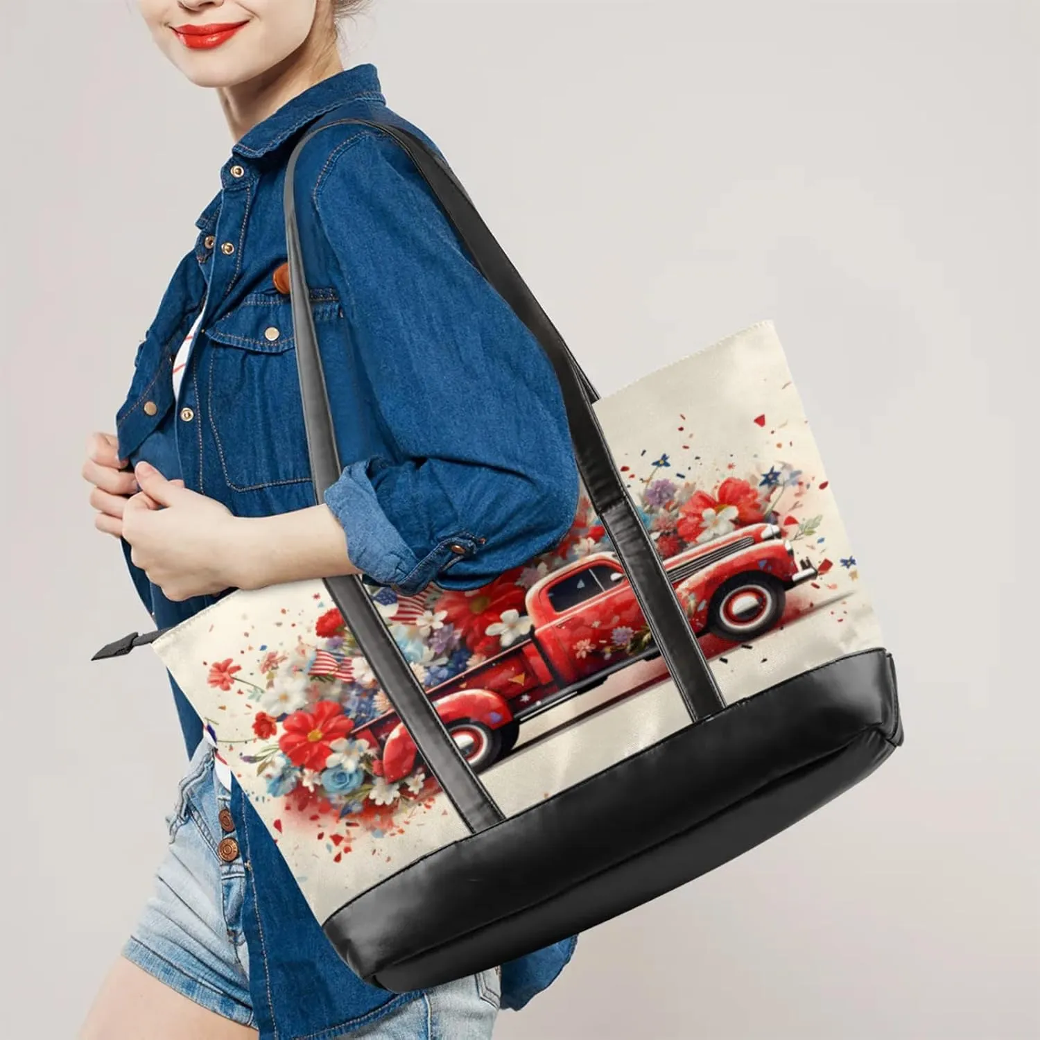Women Tote Bag with Zipper, Shopper Handbag Travel Purse, PU Leather Laptop Tote Bags, Weekender Tote Bags