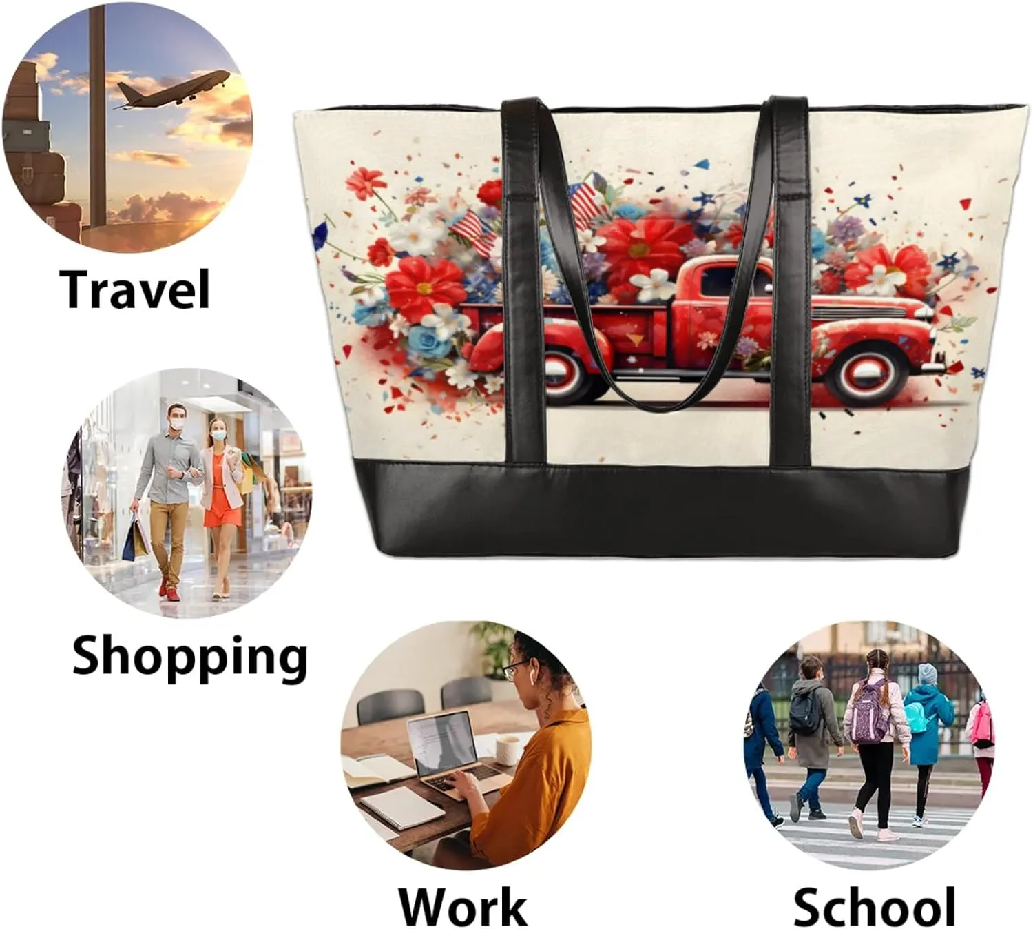 Women Tote Bag with Zipper, Shopper Handbag Travel Purse, PU Leather Laptop Tote Bags, Weekender Tote Bags