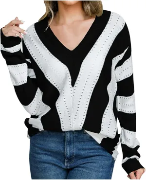 Women's 2023 Trendy Sweaters Color Blocking V-Neck Long Sleeve Loose Knit Pullover Sweater Tops Knitwear Pullovers