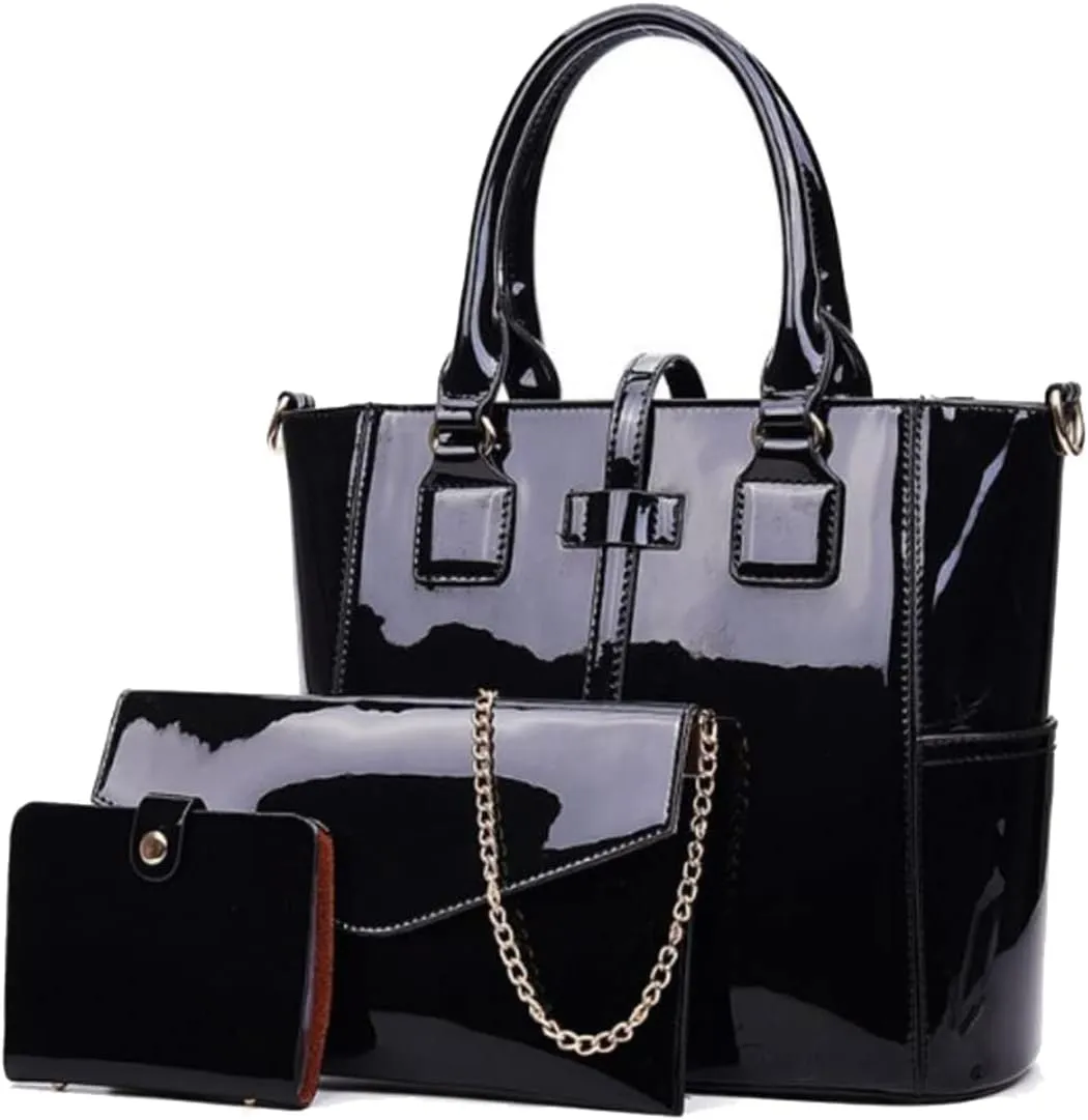 Women's 3pcs Handbags Patent Leather Fashion Shoulder Bag Large Capacity Handbag